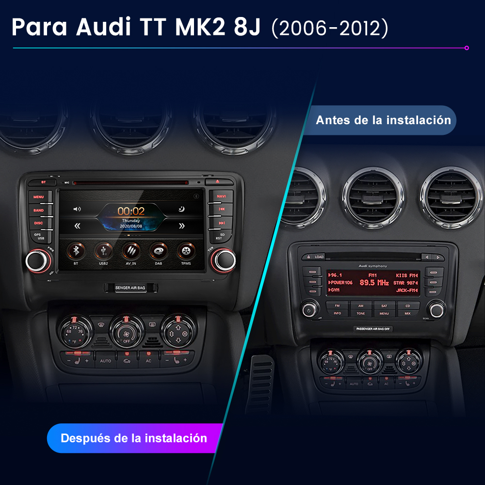 Imagen muestra el salpicadero de un Audi TT MK2 8J antes y después de instalar una nueva radio, mostrando hora, funciones de radio y controles climáticos.