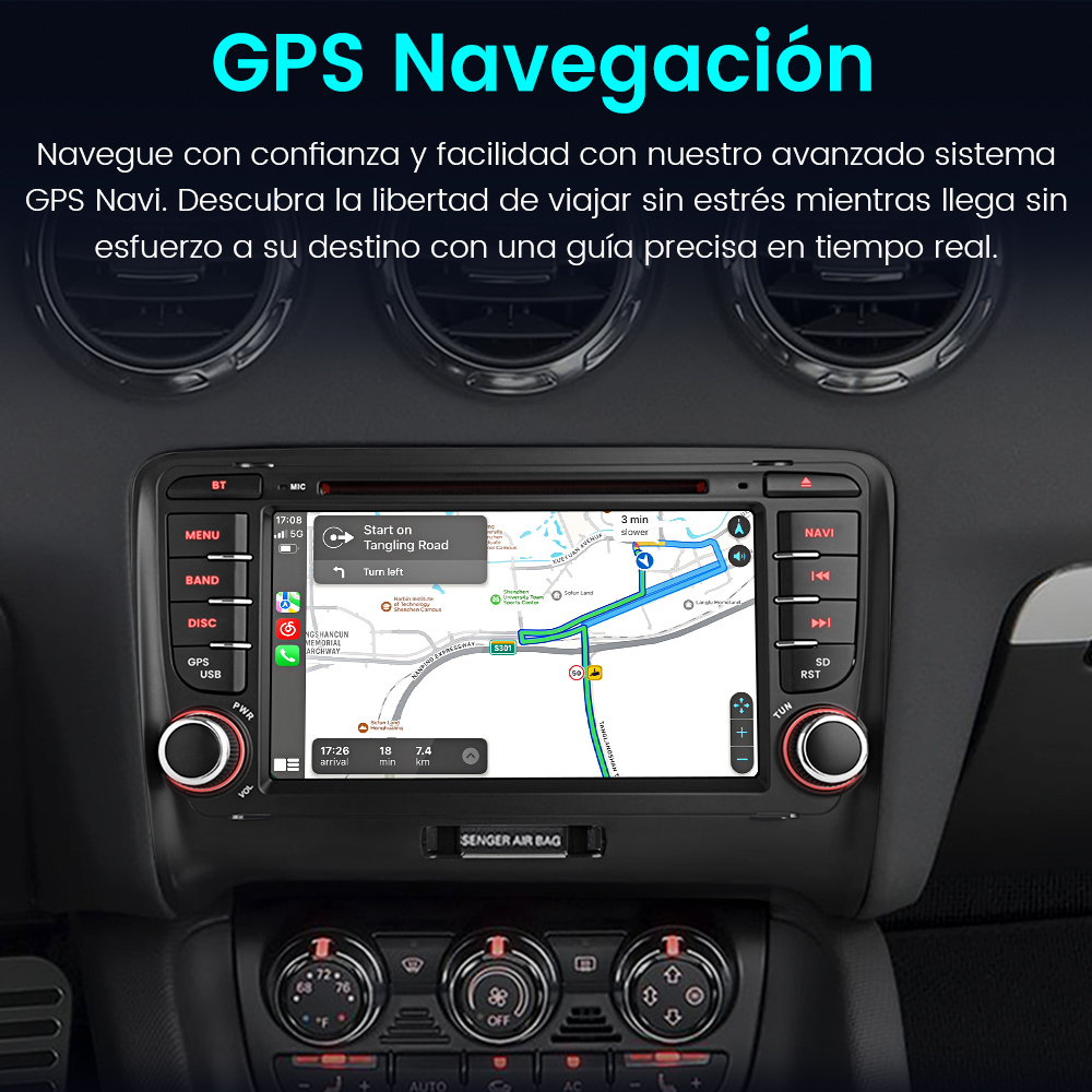 Pantalla del sistema de navegación del coche mostrando un mapa con indicaciones de ruta. Botones a un lado. Interior del coche visible.