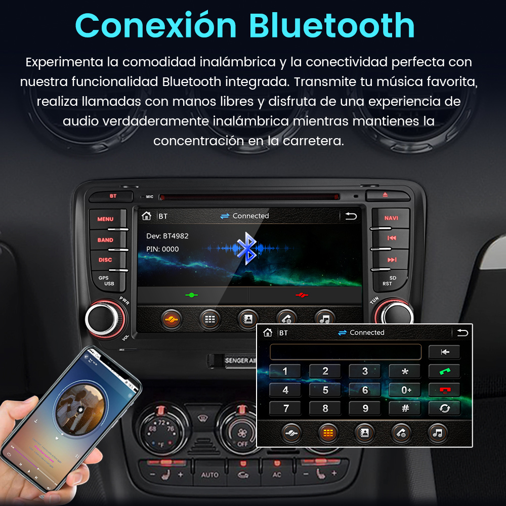 Pantalla de radio de coche que muestra la conexión Bluetooth, con un teléfono en la mano. La pantalla muestra un teclado numérico.