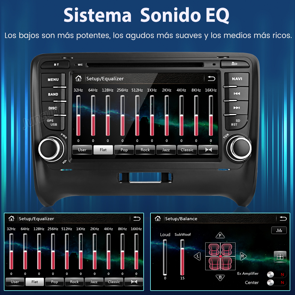 Radio de coche con ajustes de ecualizador. Texto en pantalla: Configuración/Ecualizador, varios niveles de frecuencia y opciones de ajuste de sonido.