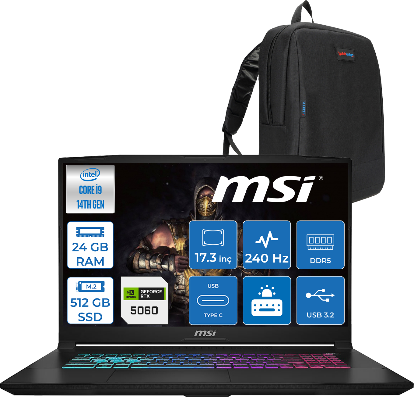 MSI Katana 17 HX 8GB/RTX5060 QHD IPS W217TRF02 Core™ i9 14900HX 24 GB RAM 512 GB SSD 17,3 inç FreeDOS Laptop+Çanta Metalik Siyah