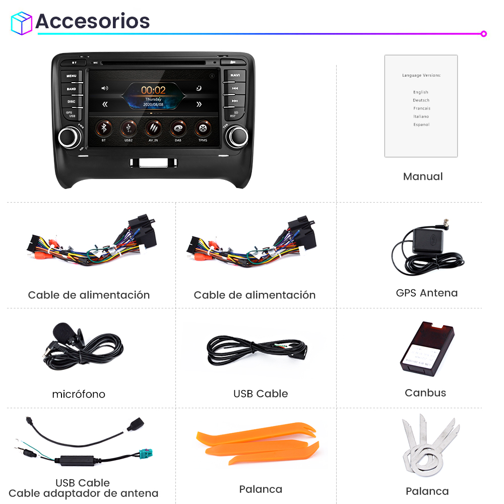 Radio de coche, cables, antena GPS, micrófono, cable USB, Canbus, adaptador de antena, palancas naranjas y un manual.