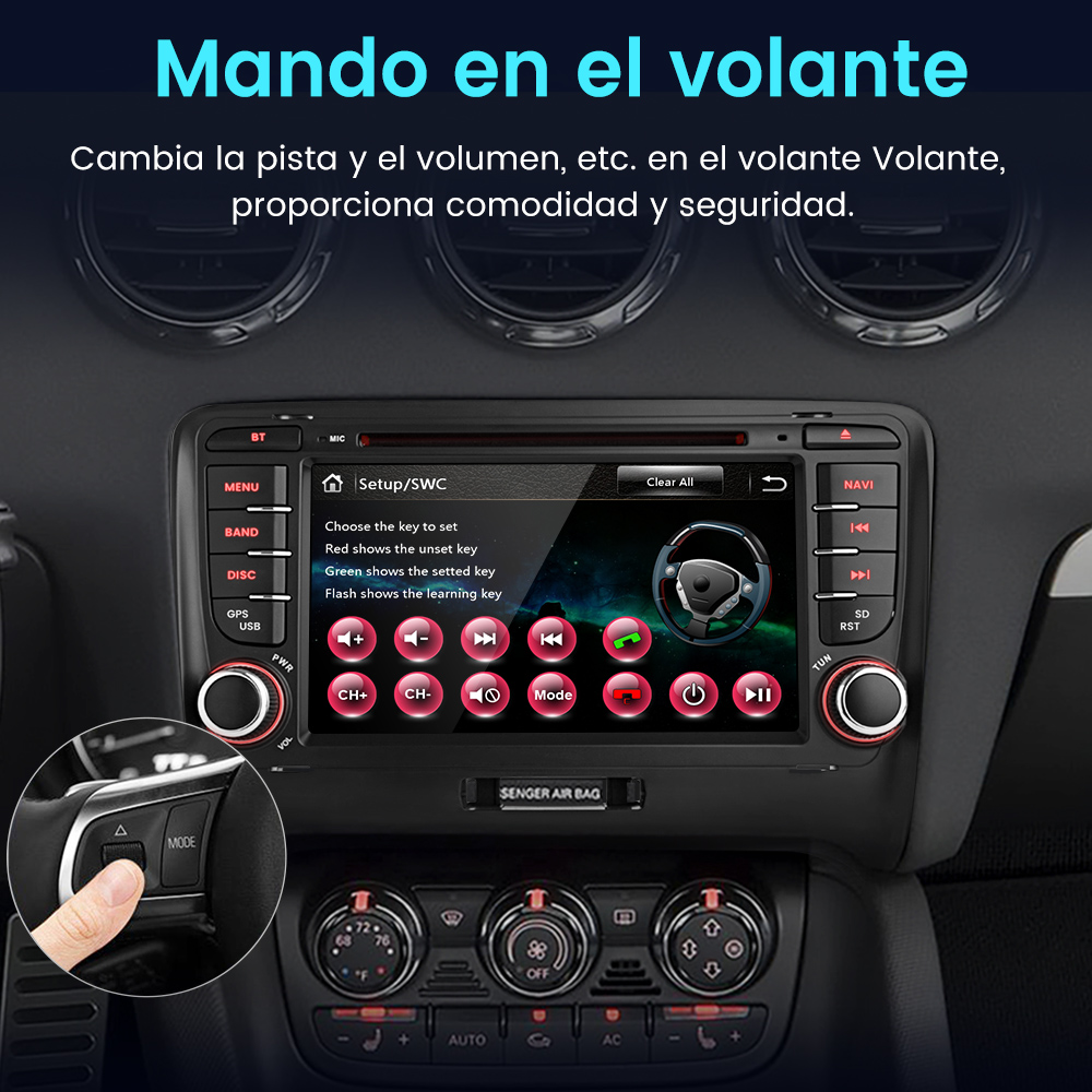 Un salpicadero de coche con una pantalla que muestra las opciones de configuración. Una mano pulsa un botón en el volante.