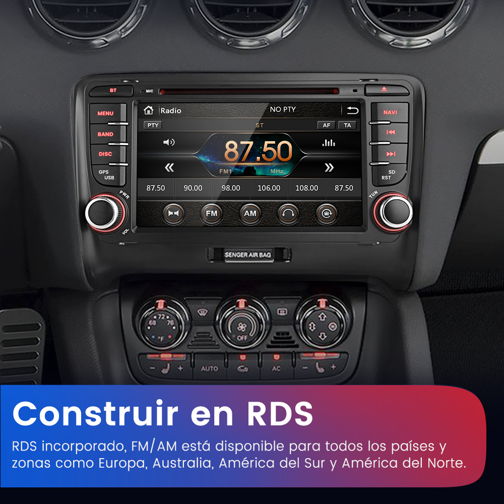Radio de coche que muestra 87.50 MHz. Botones para menú, banda, disco, GPS/USB y encendido. Controles de aire acondicionado y temperatura.