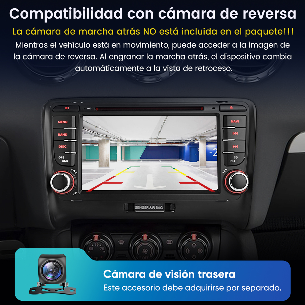 Pantalla del estéreo del coche que muestra la vista de estacionamiento con líneas de colores. Cámara trasera abajo a la izquierda.