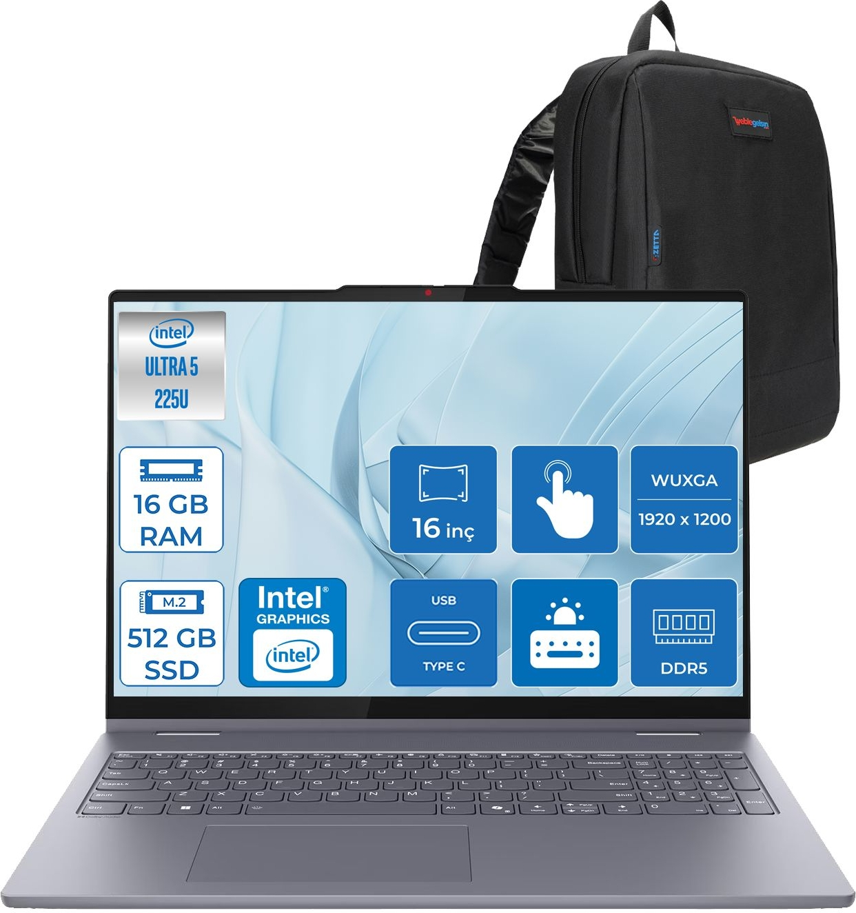 LENOVO IdeaPad 5 16AIL10 Wuxga IPS Dokunmatik 83KS0005TRF02 Core™ Ultra 5 225U 16 GB RAM 512 GB SSD 16 inç FreeDOS Laptop+Çanta Koyu Gri - Siyah