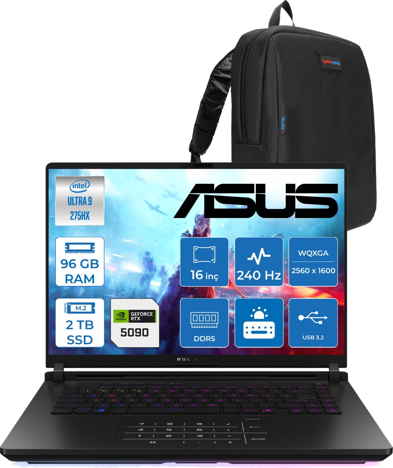 ASUS Rog Strix Scar 16 24GB/RTX5090 WQXGA WRWF14537 Core™ Ultra 9 275HX 96 GB RAM 2 TB SSD 16 inç FreeDOS Laptop+Çanta Metalik Siyah