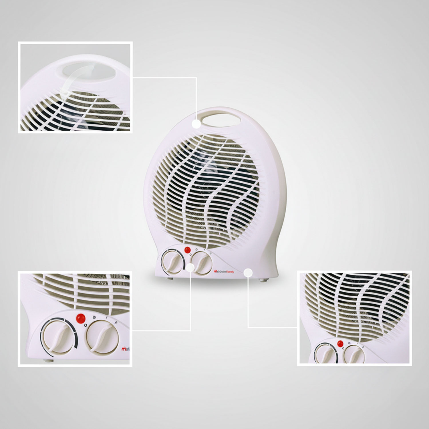 Ventilador eléctrico blanco con controles, asa y funciones de seguridad, sobre un fondo gris claro con inserciones de primer plano.