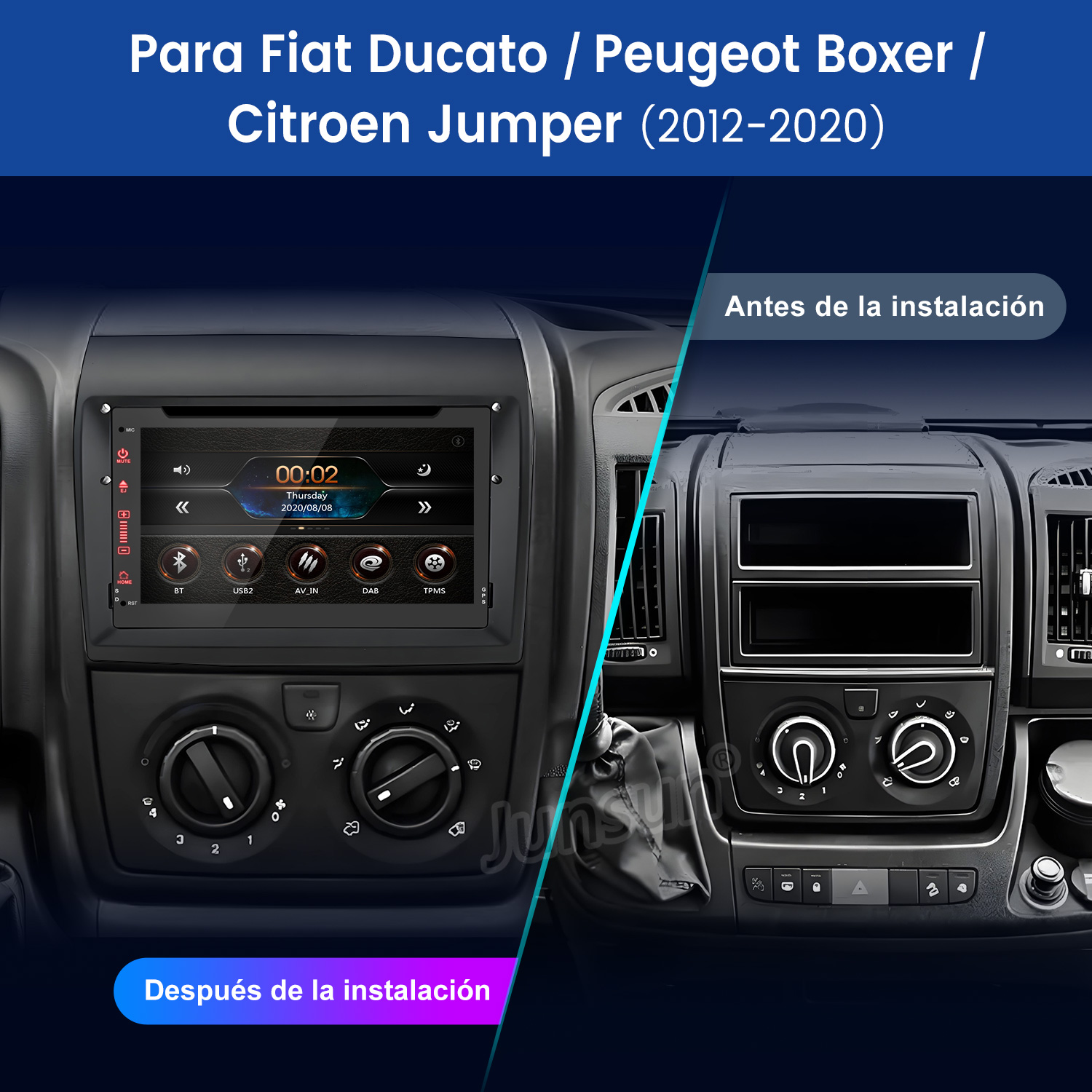 Comparación del salpicadero del coche: antes y después de la instalación de la radio. Muestra botones, pantalla y controles.