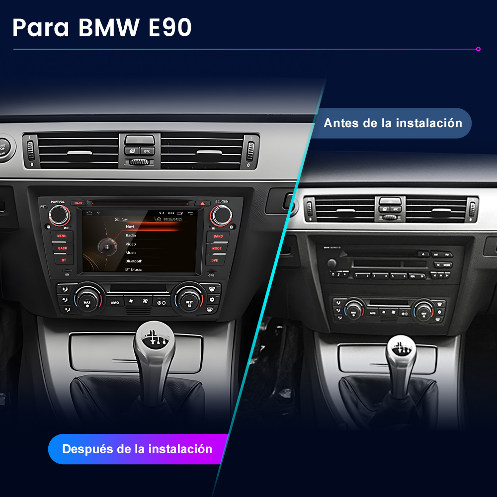 La imagen muestra el salpicadero de un coche antes y después de la instalación de un nuevo sistema de infoentretenimiento. El lado izquierdo muestra el nuevo sistema.