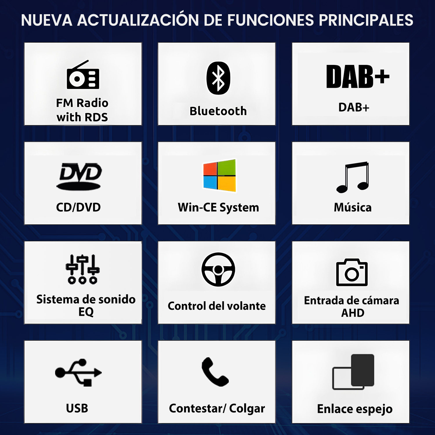 Nueve iconos con texto. Incluye radio FM, Bluetooth, DAB+, CD/DVD, sistema Win-CE, música, ecualizador, volante, entrada de cámara, USB, llamada y enlace espejo.