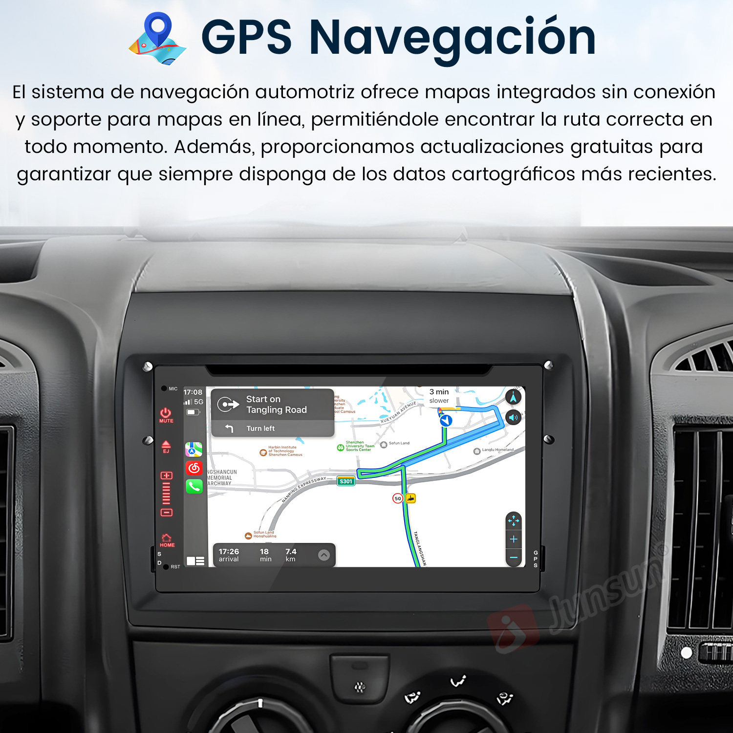 Panel del coche mostrando navegación GPS con mapa y guía de ruta.