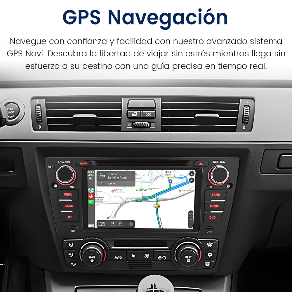 Panel del coche con pantalla de navegación GPS. Arriba pone Navegación GPS.