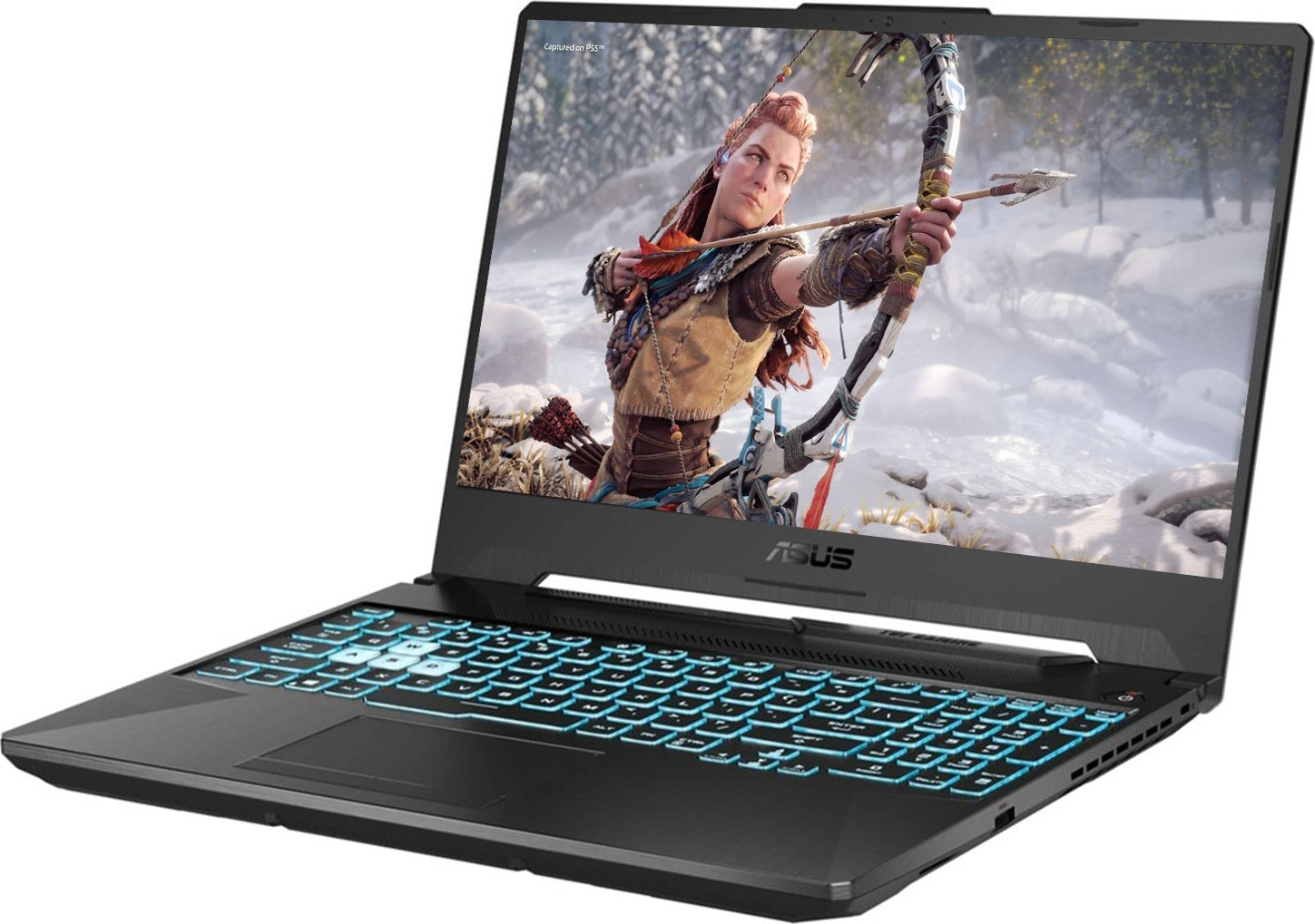 Siyah ASUS dizüstü bilgisayar, oyun sahnesi gösteriyor. Ok ve yaylı bir kadın oyunda. Klavye yanıyor.