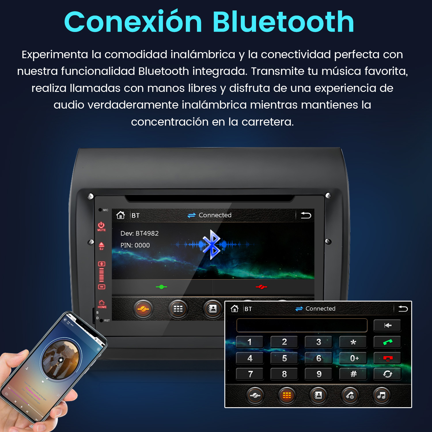 Una pantalla de radio de coche muestra la conexión Bluetooth. Un teléfono muestra música, sostenido en la mano. Texto dice conexión Bluetooth.