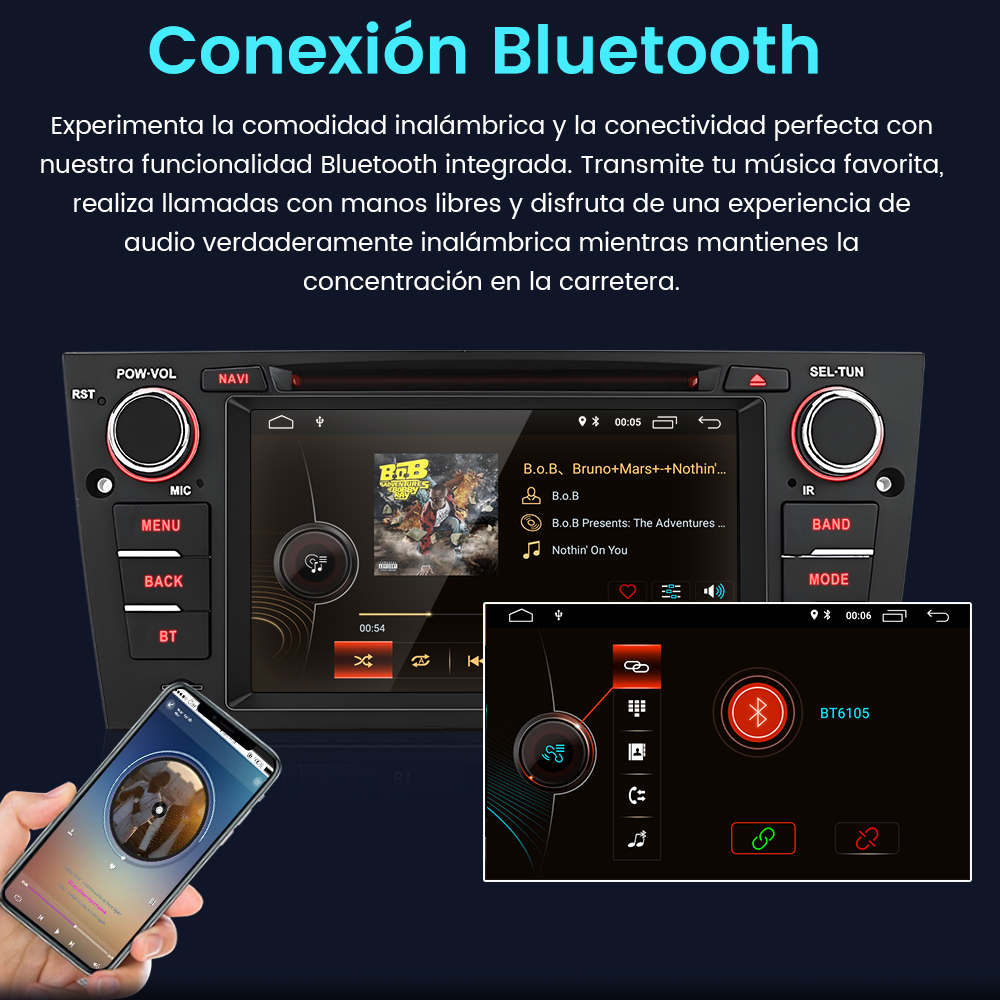 Autoradio con Bluetooth, teléfono y pantalla secundaria con opciones de conexión. Texto: Conexión Bluetooth.