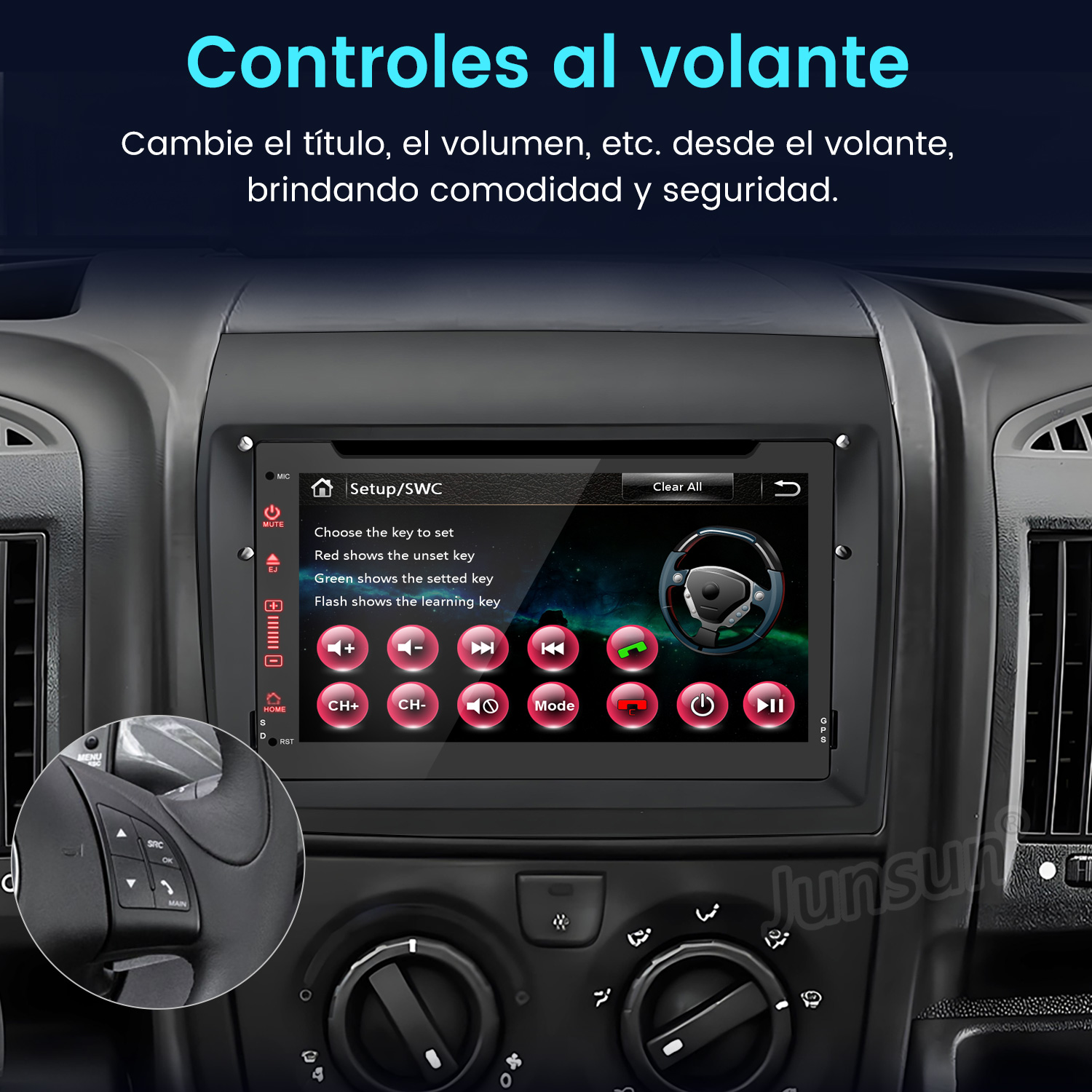 Panel del coche con pantalla multimedia, controles del volante y botones. Primer plano del volante a la izquierda.