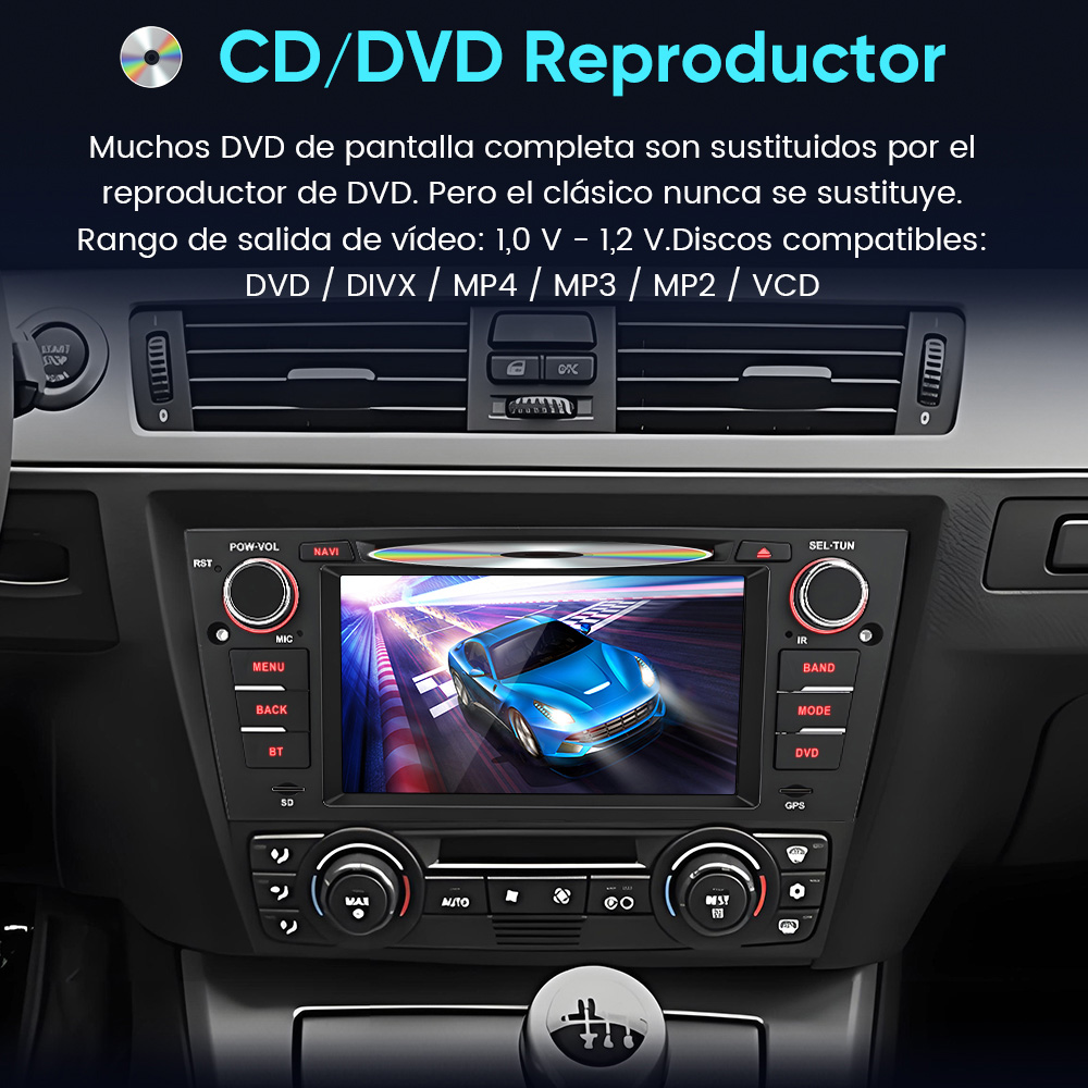 Panel de instrumentos del coche con una pantalla de reproductor de DVD que muestra un coche azul. El texto en la parte superior dice Reproductor de CD/DVD.