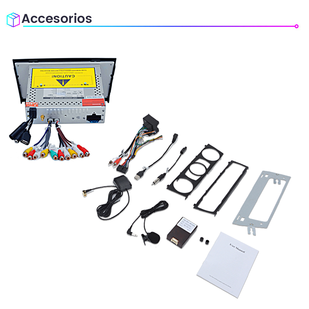 Componentes del sistema estéreo del coche sobre fondo blanco. Incluye estéreo, cables, marcos de plástico negro y un manual de usuario.