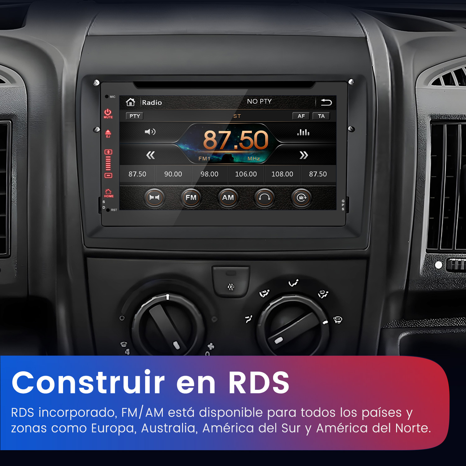 Pantalla de radio de coche que muestra la frecuencia FM. Controles con botones y perillas. Texto abajo dice 'Construir en RDS'.