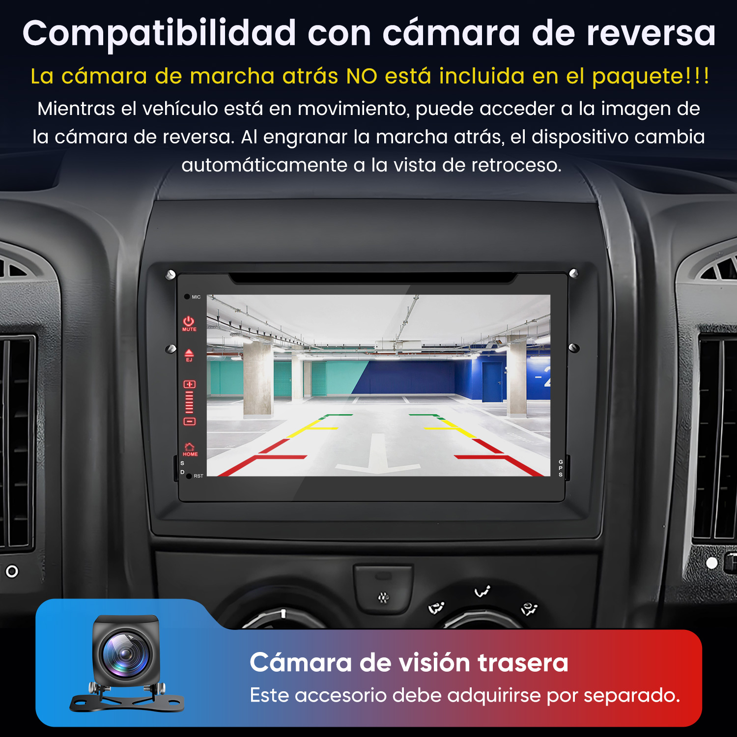 Panel del automóvil mostrando la vista de la cámara de estacionamiento. Cámara pequeña abajo a la izquierda. Texto en español.