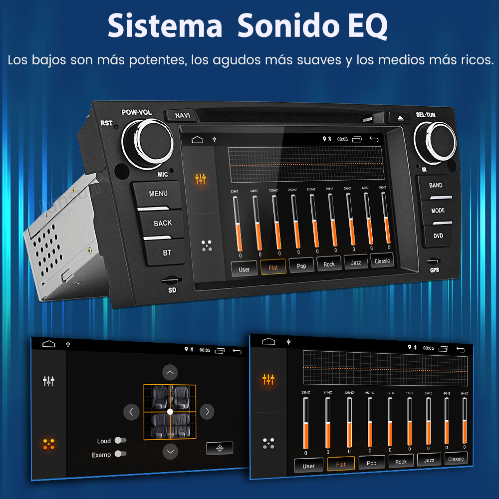 Sistema de audio para coche con ajustes de ecualización. Muestra perfiles de sonido como Flat, Pop, Rock y Jazz. Interfaz muestra niveles de volumen.