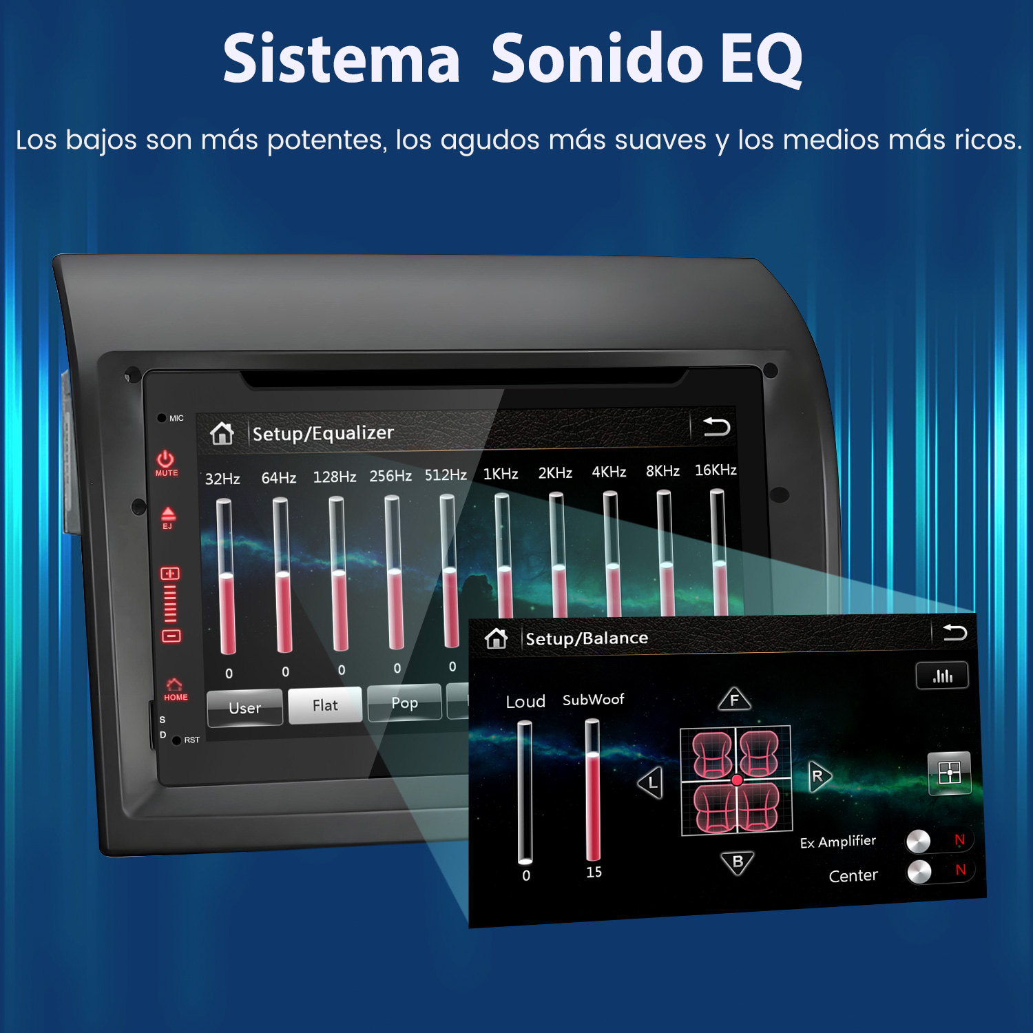 Autorradio con ajustes de ecualizador, mostrando barras de frecuencia. Texto: Sistema Sonido EQ. Controles de balance y amplificador.