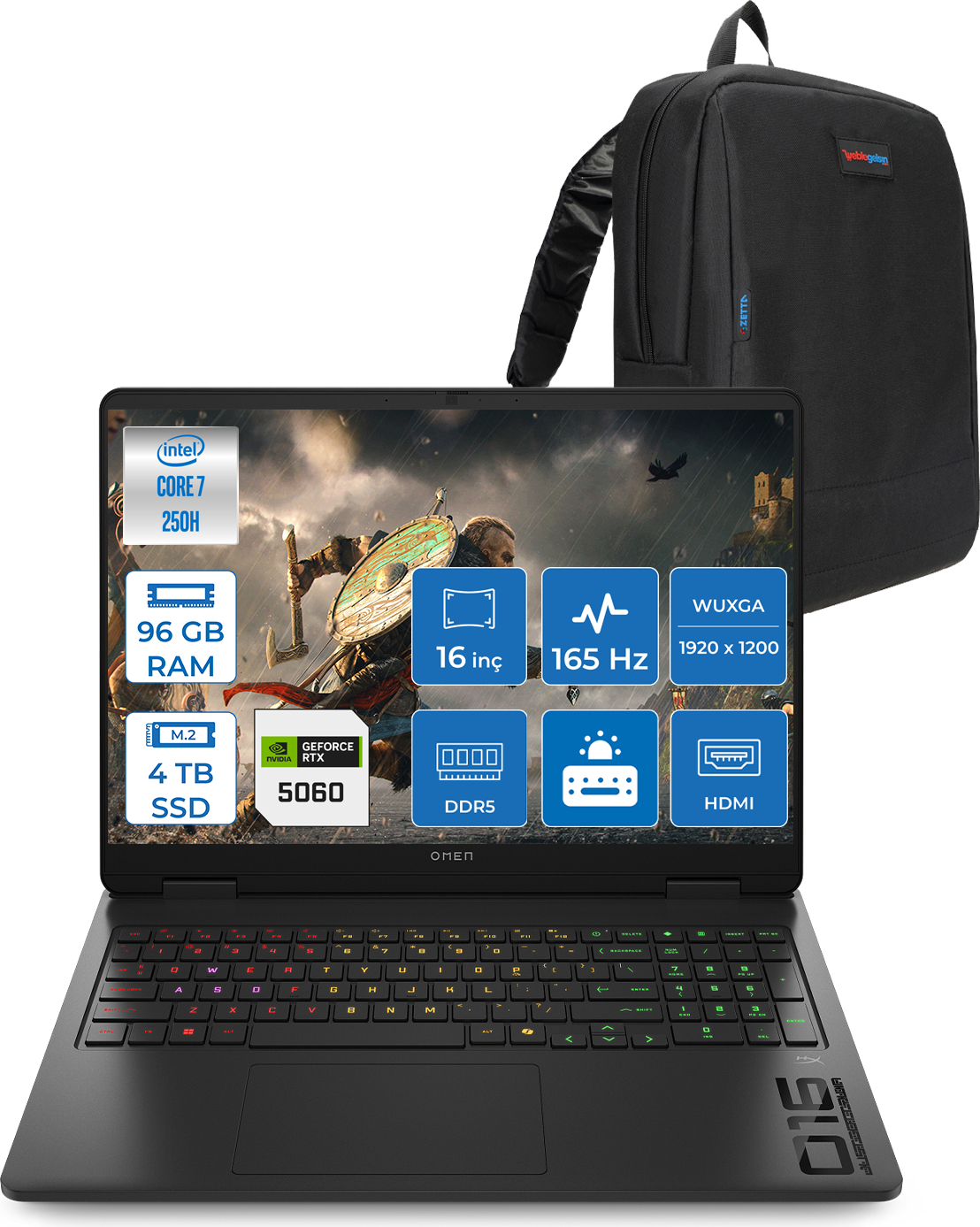HP Omen 8GB/RTX5060 165 Hz 3 Ms IPS 400 Nits BQ9A8EAF30 Core™ Ultra 7 250H 96 GB RAM 4 TB SSD 16 inç FreeDOS Laptop+Çanta Metalik Siyah