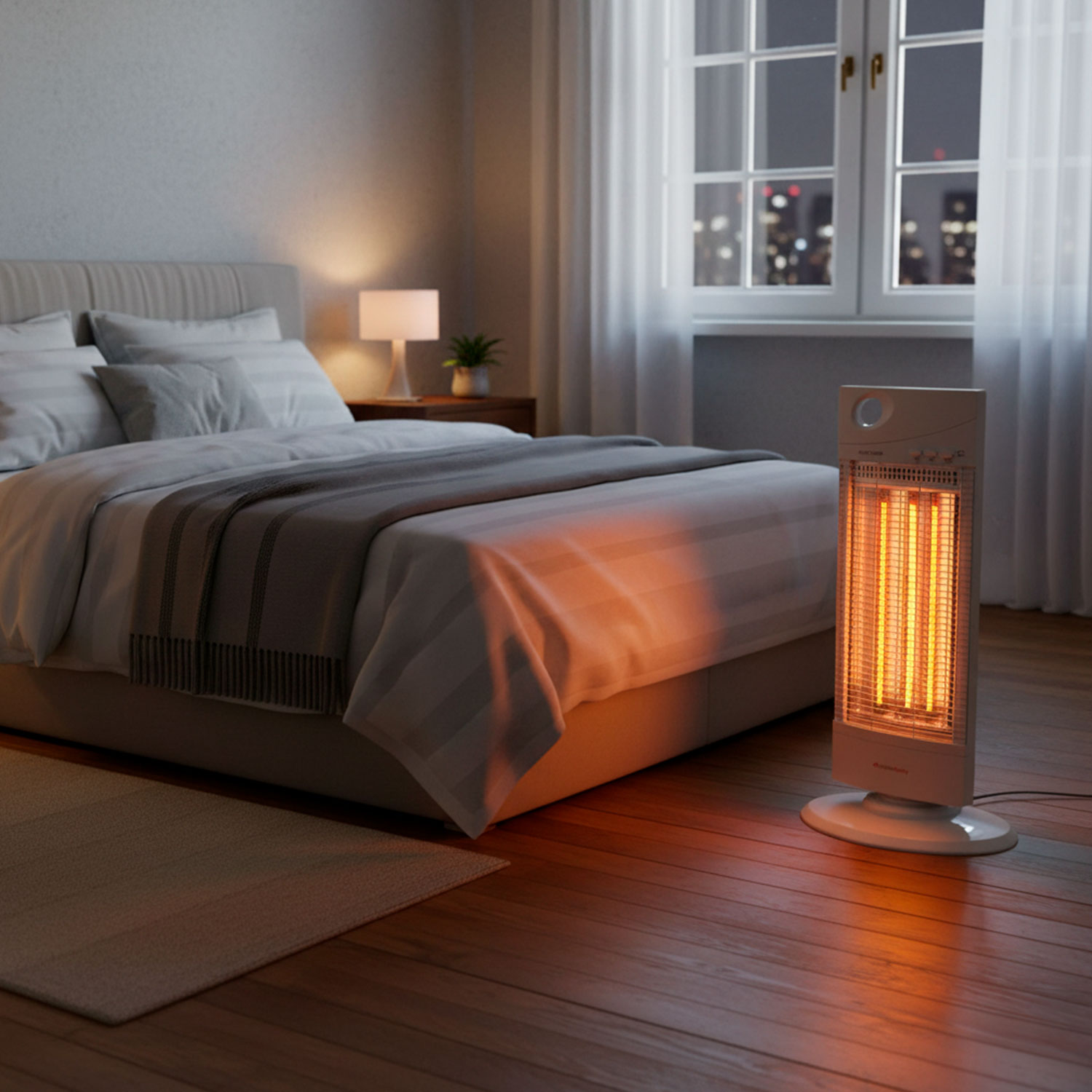Schlafzimmer bei Nacht. Heizung leuchtet am Bett. Fenster zeigt Stadtlichter. Lampe auf Nachttisch.