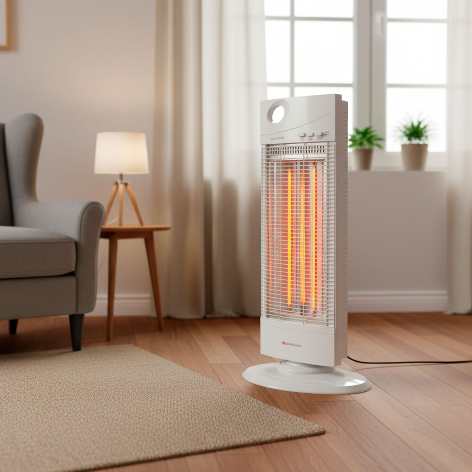 Ein weißer Elektroheizer steht in einem Raum. Ein grauer Sessel, eine Lampe und ein Fenster mit Pflanzen sind sichtbar.