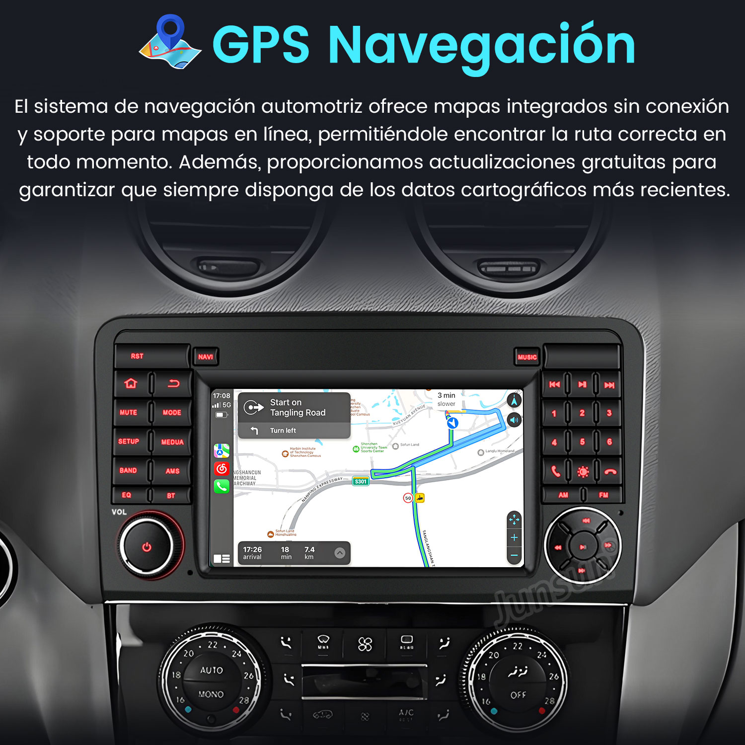 Pantalla del sistema de navegación del coche mostrando mapa con guía de ruta. Botones y diales son visibles.