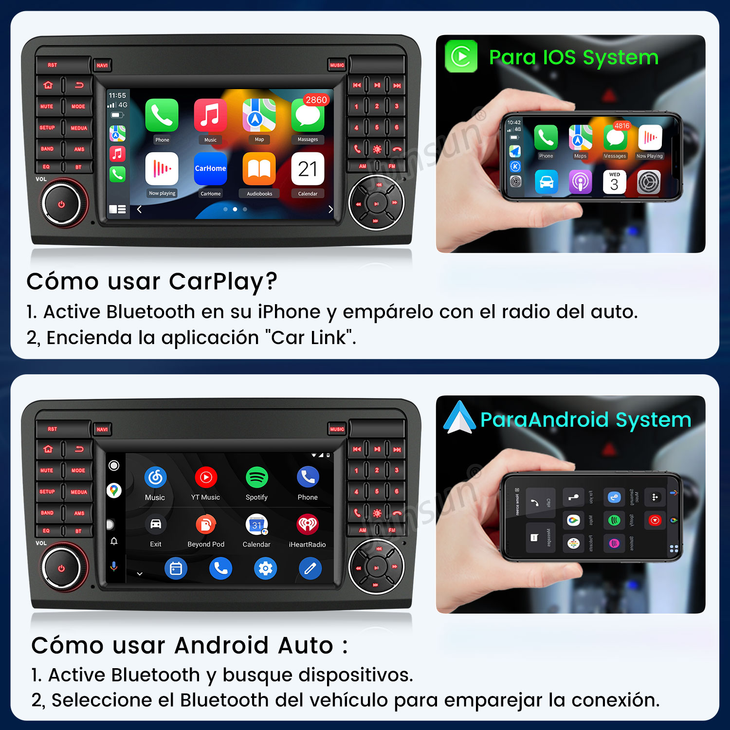 La imagen muestra un estéreo de coche con interfaz telefónica. Las instrucciones para CarPlay y Android Auto están debajo de las pantallas.