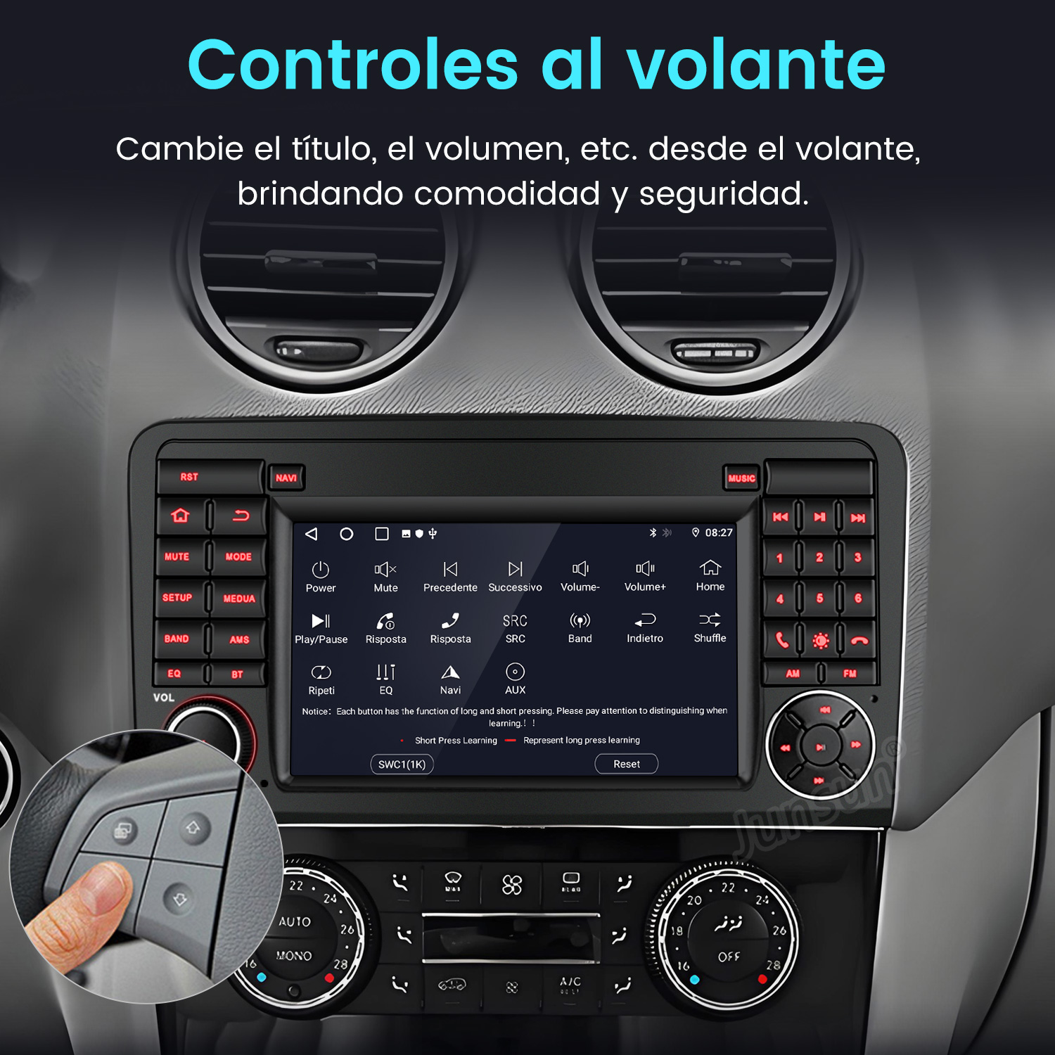 Tablero del coche con controles, pantalla y botones. Una mano presiona un botón del volante.