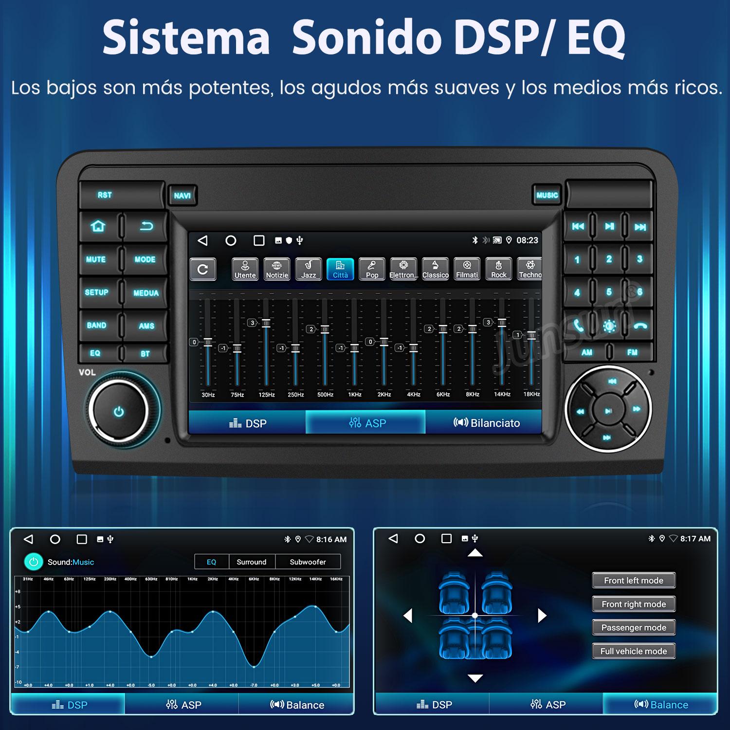 Interfaz del sistema de audio del coche con ecualizador, ajustes de sonido y controles de música, mostrando ajustes y modos de audio.