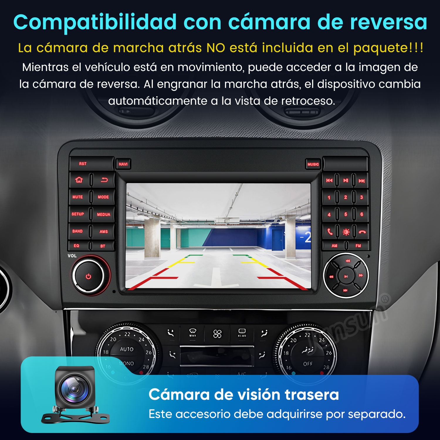 Panel del automóvil que muestra la vista de la cámara de estacionamiento. Tiene botones y una pequeña imagen de la cámara abajo a la izquierda.