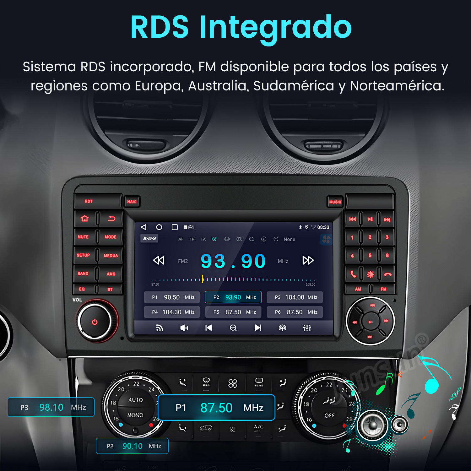 Radio de coche con pantalla que muestra frecuencias de radio. RDS integrado con múltiples botones y perillas.