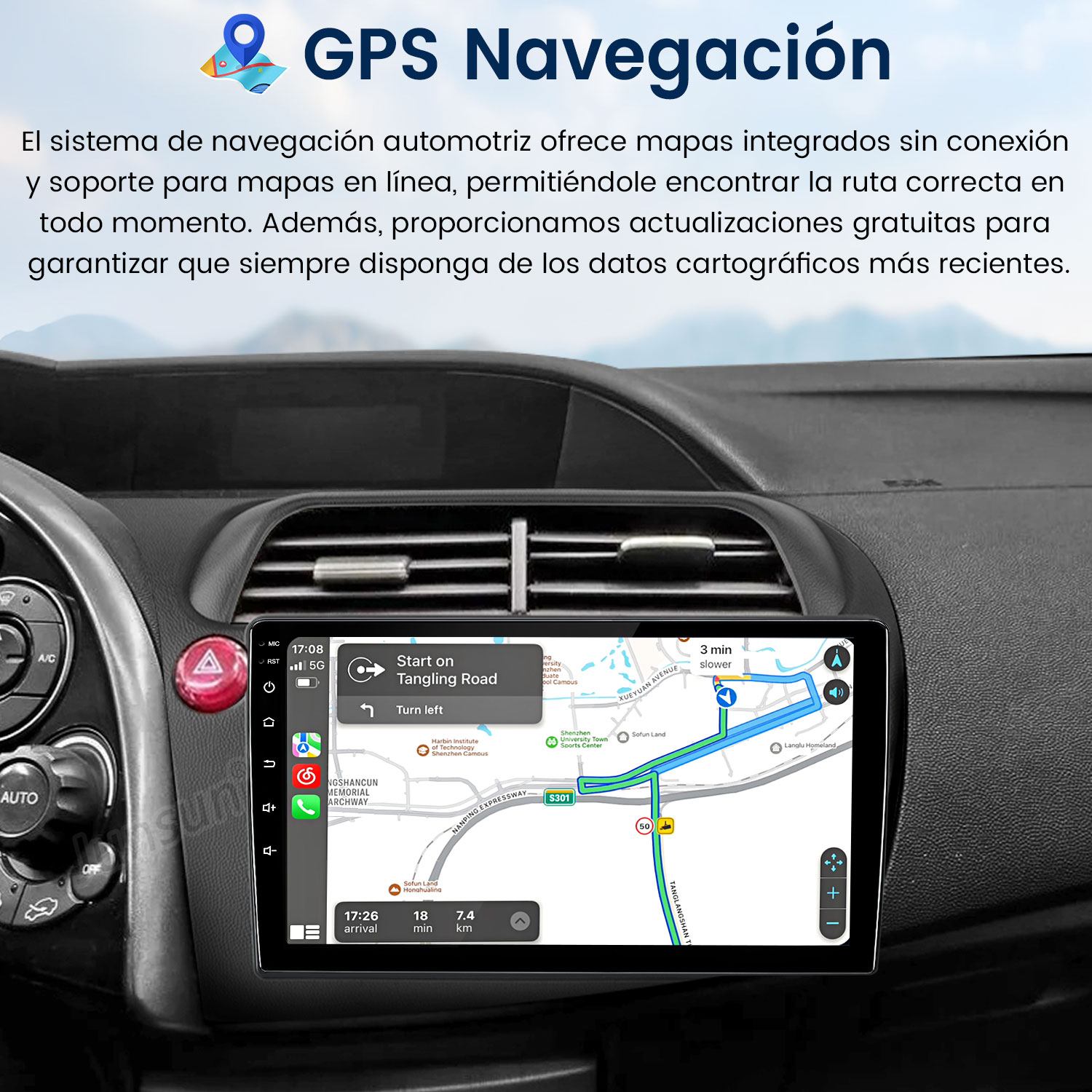 Tablero de coche con navegación GPS mostrando un mapa de ruta. La pantalla muestra direcciones con instrucciones de inicio y giro.