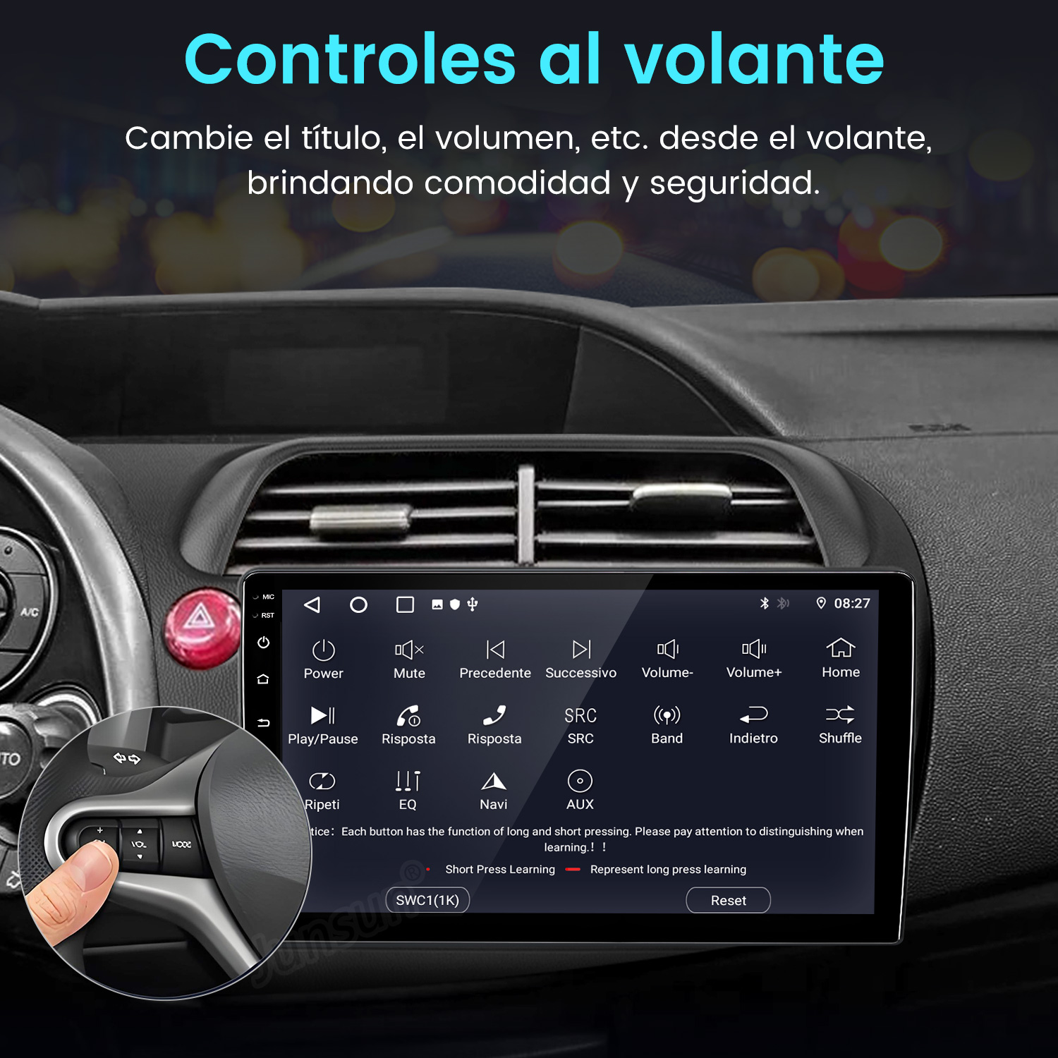 Panel del coche con pantalla táctil y controles del volante. La pantalla muestra controles multimedia. Una mano ajusta el volumen.