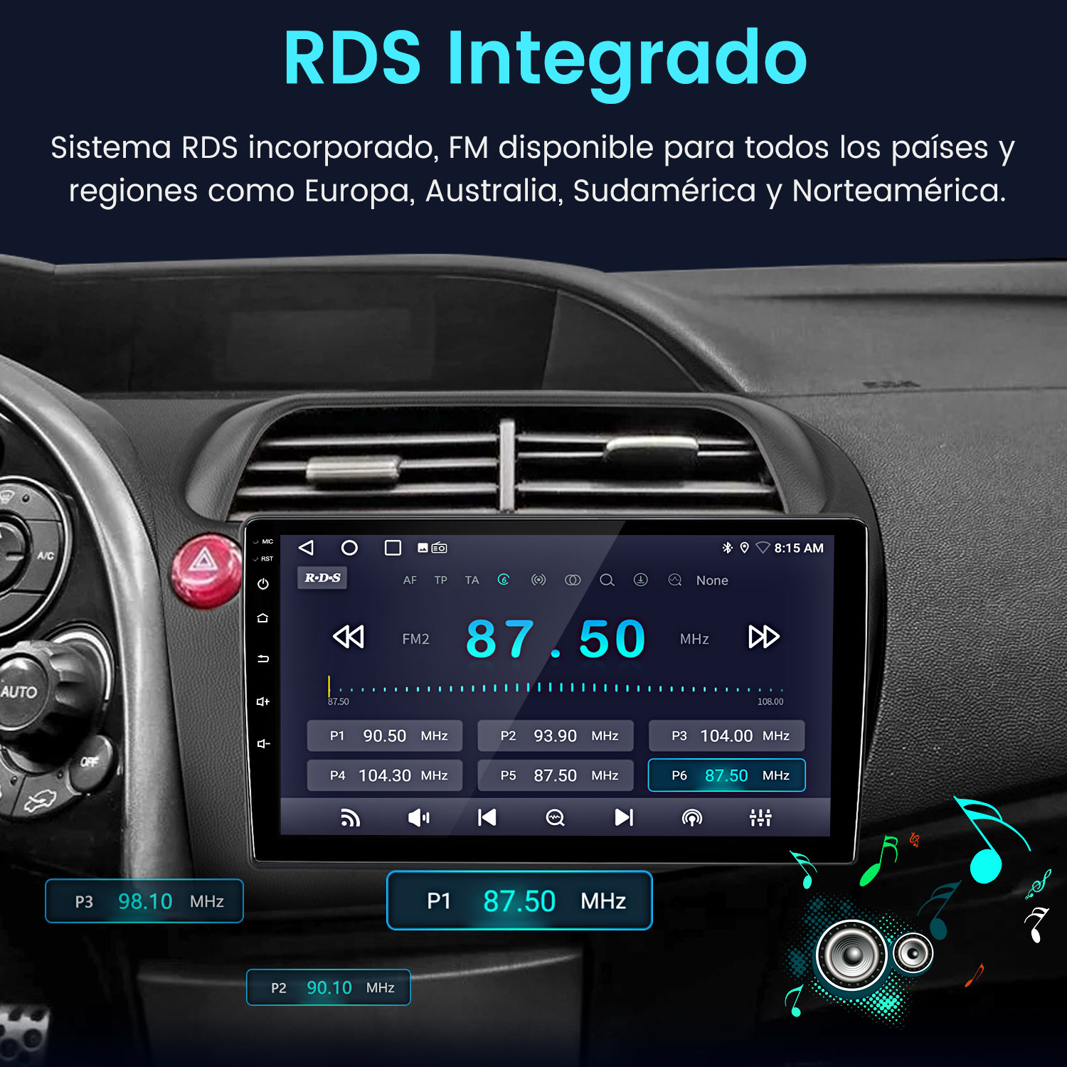 Pantalla de radio del coche mostrando la frecuencia FM. El texto superior dice RDS Integrado. Otros botones y detalles interiores del coche son visibles.