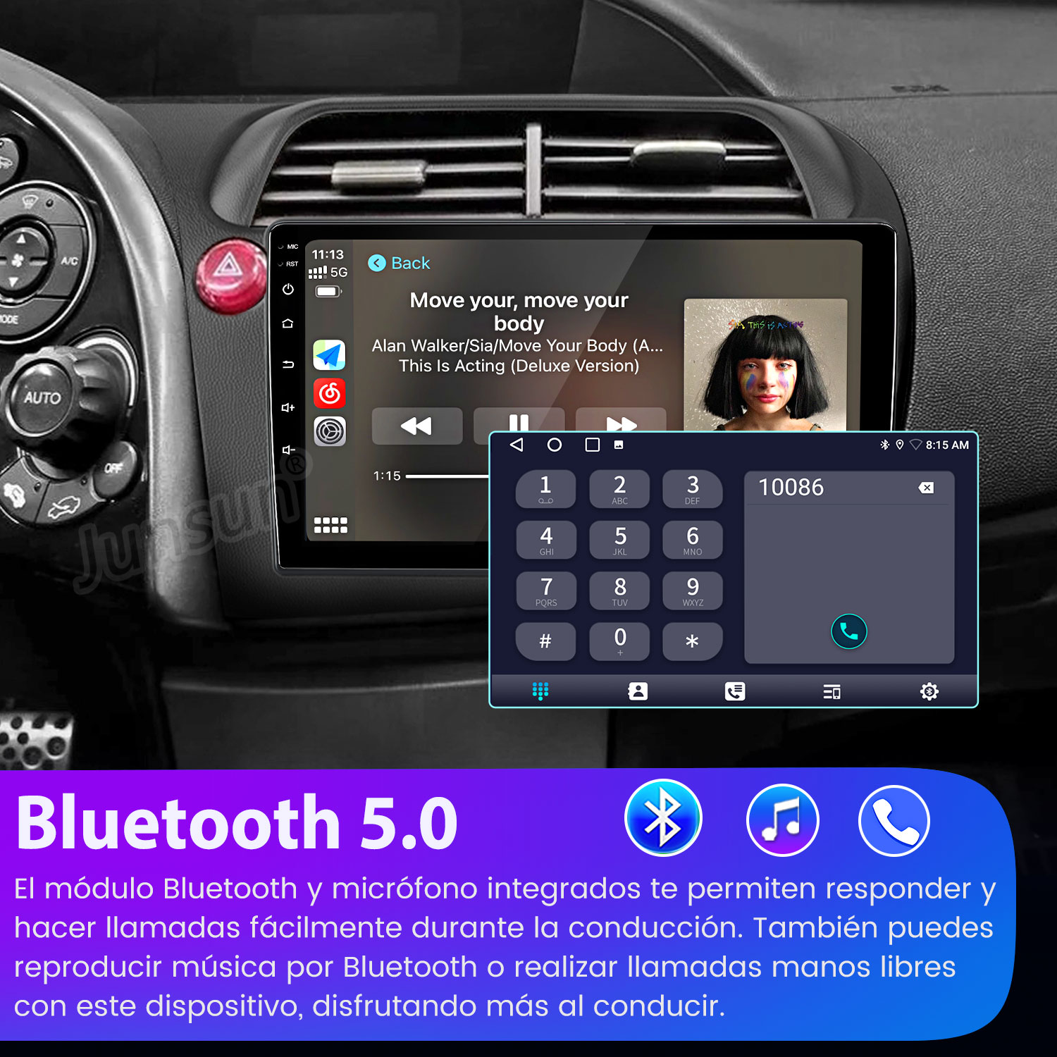 Pantalla del estéreo del coche que muestra música y una interfaz de marcador telefónico. Logotipo de Bluetooth 5.0 en la parte inferior.
