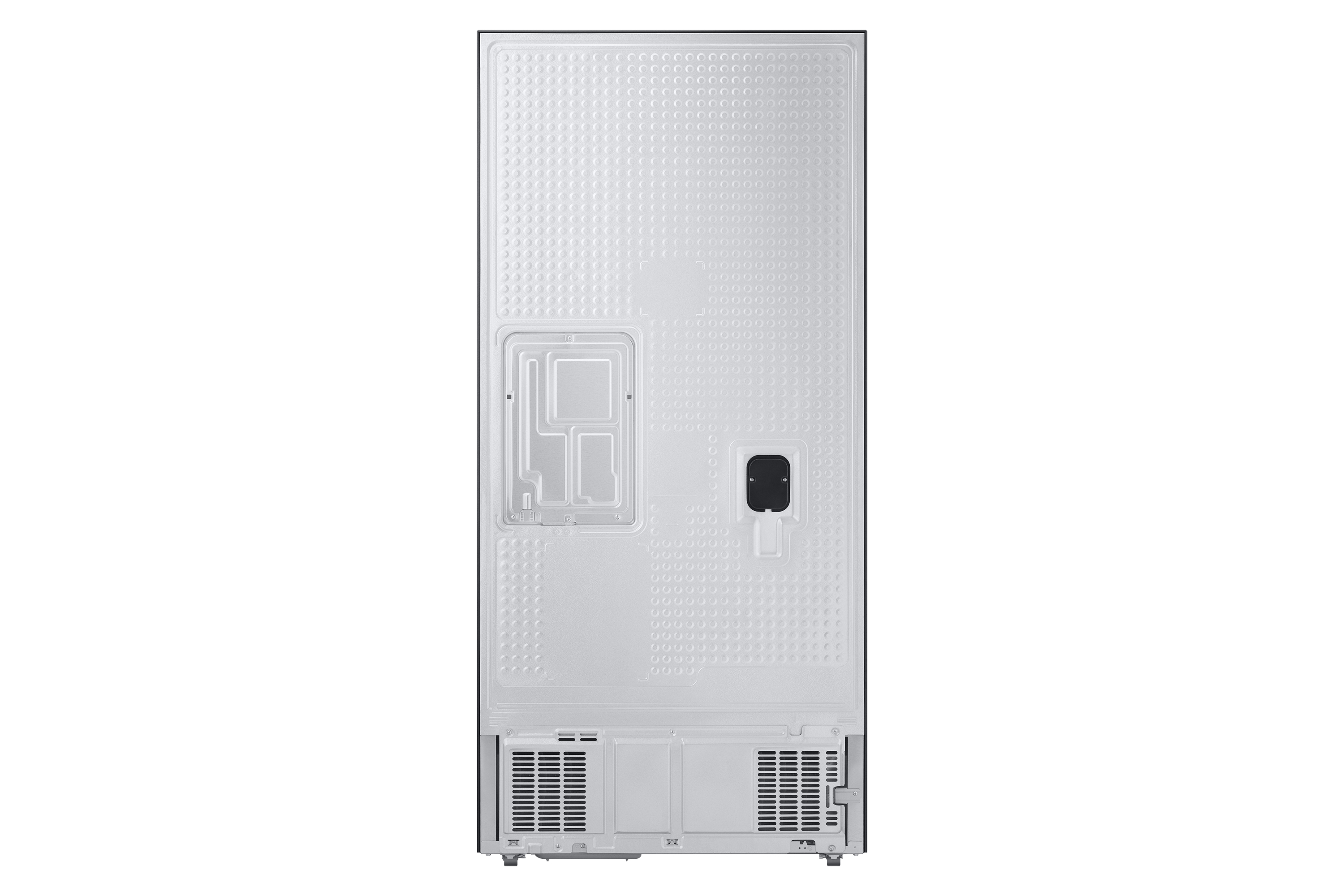 Achterkant van een witte koelkast met ventilatieopeningen, een zwart paneel en een patroon.