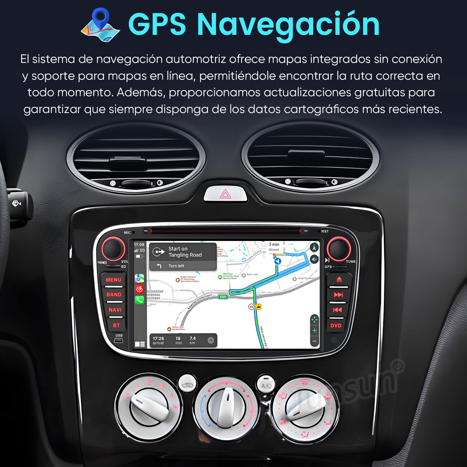 Pantalla del sistema de navegación del coche mostrando un mapa con indicaciones. Se ven varios botones de control y salidas de aire.
