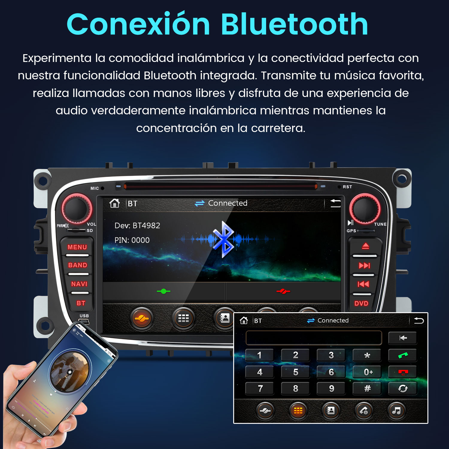 Una radio de coche con conexión Bluetooth, teléfono en mano y pantalla de teclado. La pantalla muestra que está conectado.