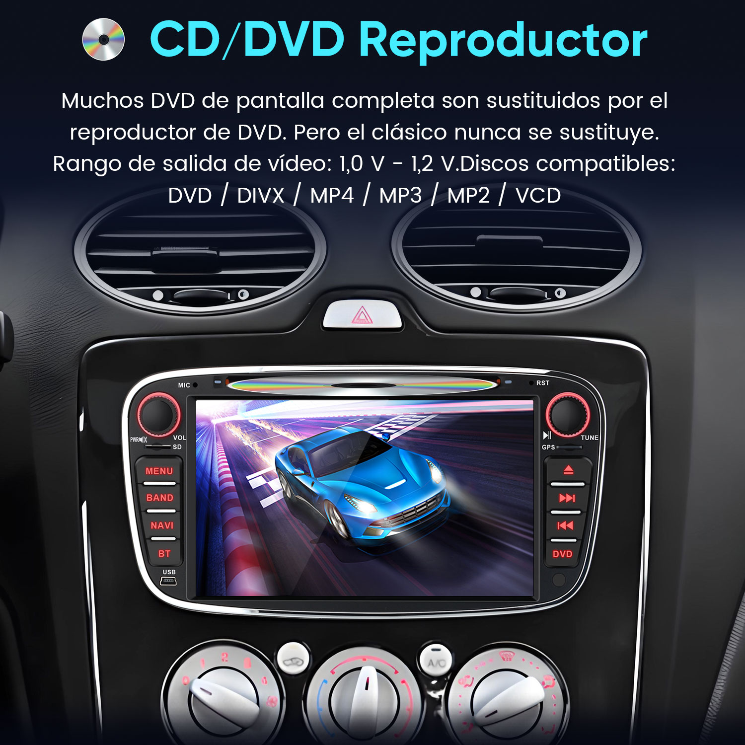 Estéreo de coche con pantalla que muestra un coche azul en una pista de carreras. El texto superior dice 'CD/DVD Reproductor'.