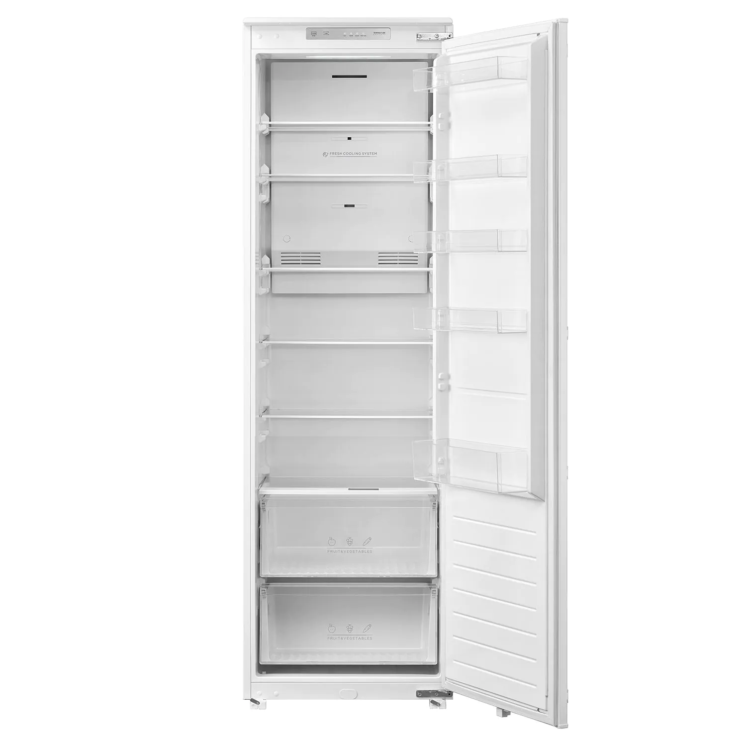 Un frigorifero bianco con la porta aperta. All'interno ci sono ripiani, cassetti per frutta e verdura. Anche la porta ha dei ripiani.