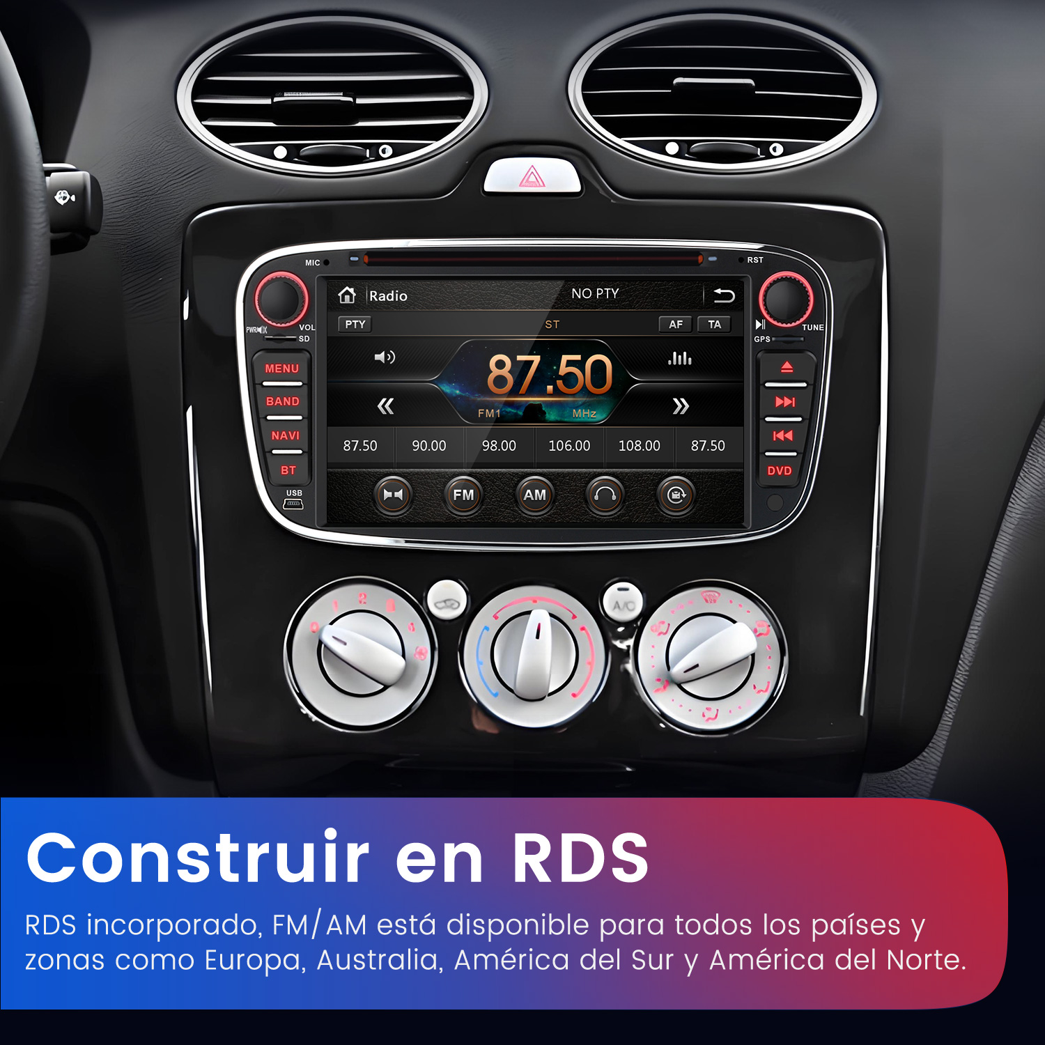 Pantalla de radio del coche que muestra la emisora de radio FM 87,50 MHz. Botones de menú, banda, navegación y Bluetooth. Controles de aire acondicionado.