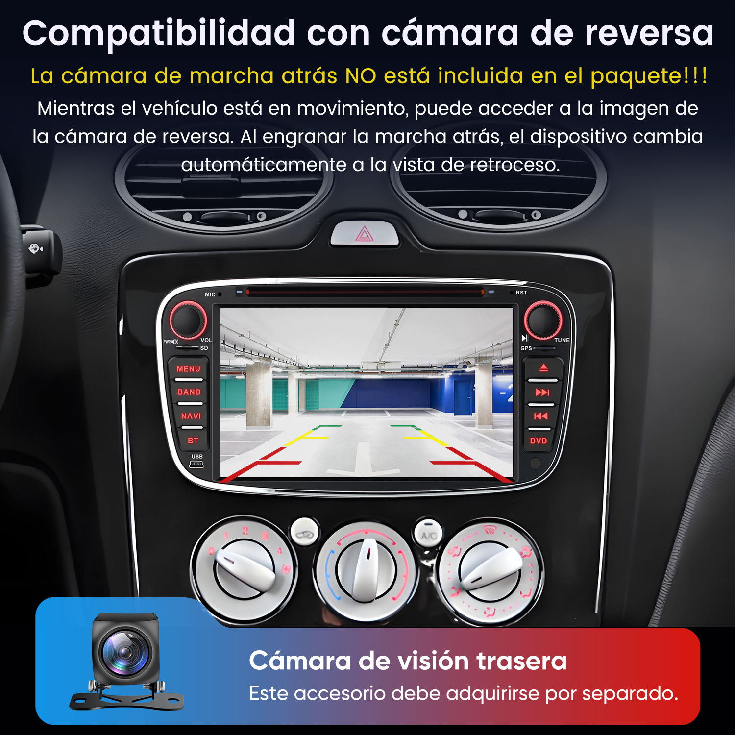 Panel del automóvil mostrando la vista de la cámara de marcha atrás. Incluye icono de cámara y texto en español.