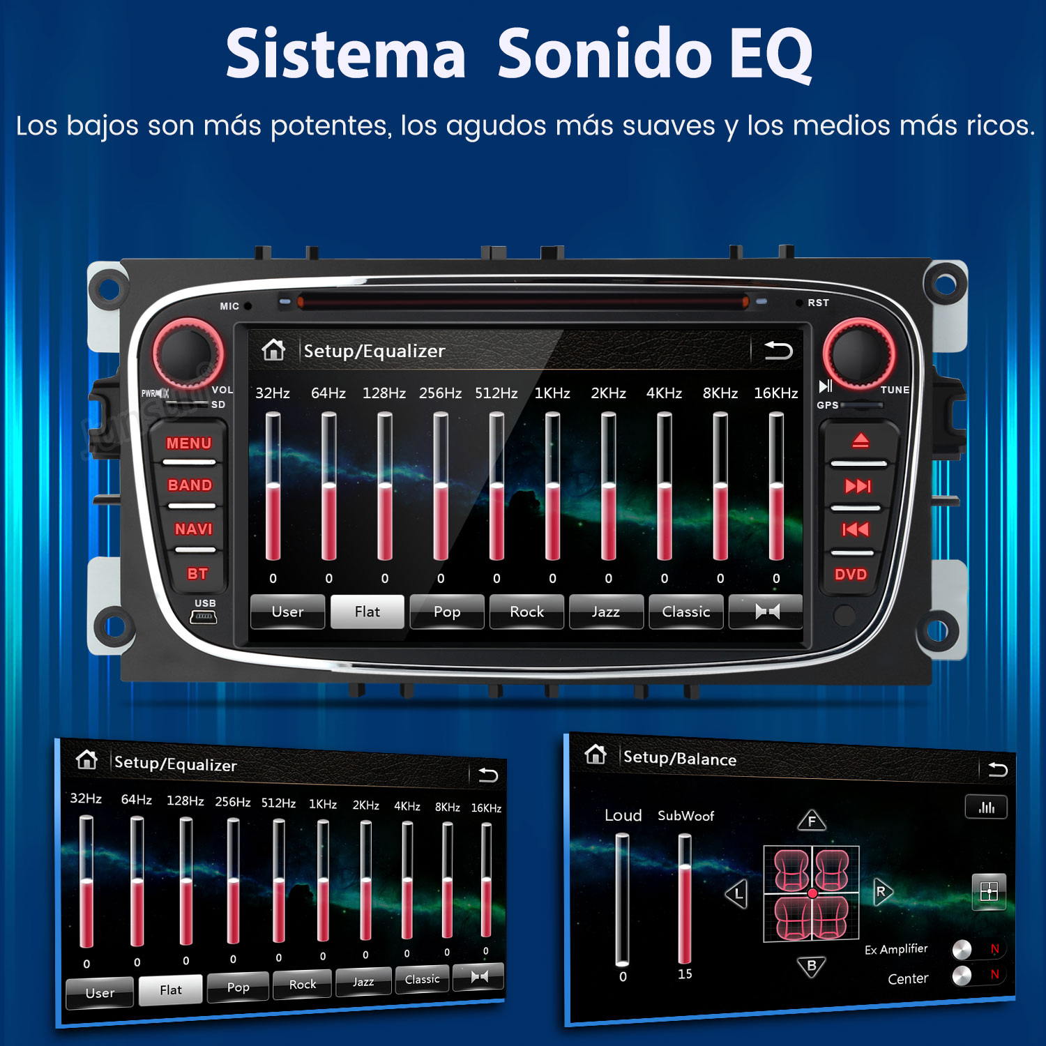 Interfaz del sistema de audio del coche. Muestra la configuración del ecualizador, opciones de configuración y controles de volumen. Diseño azul y negro.