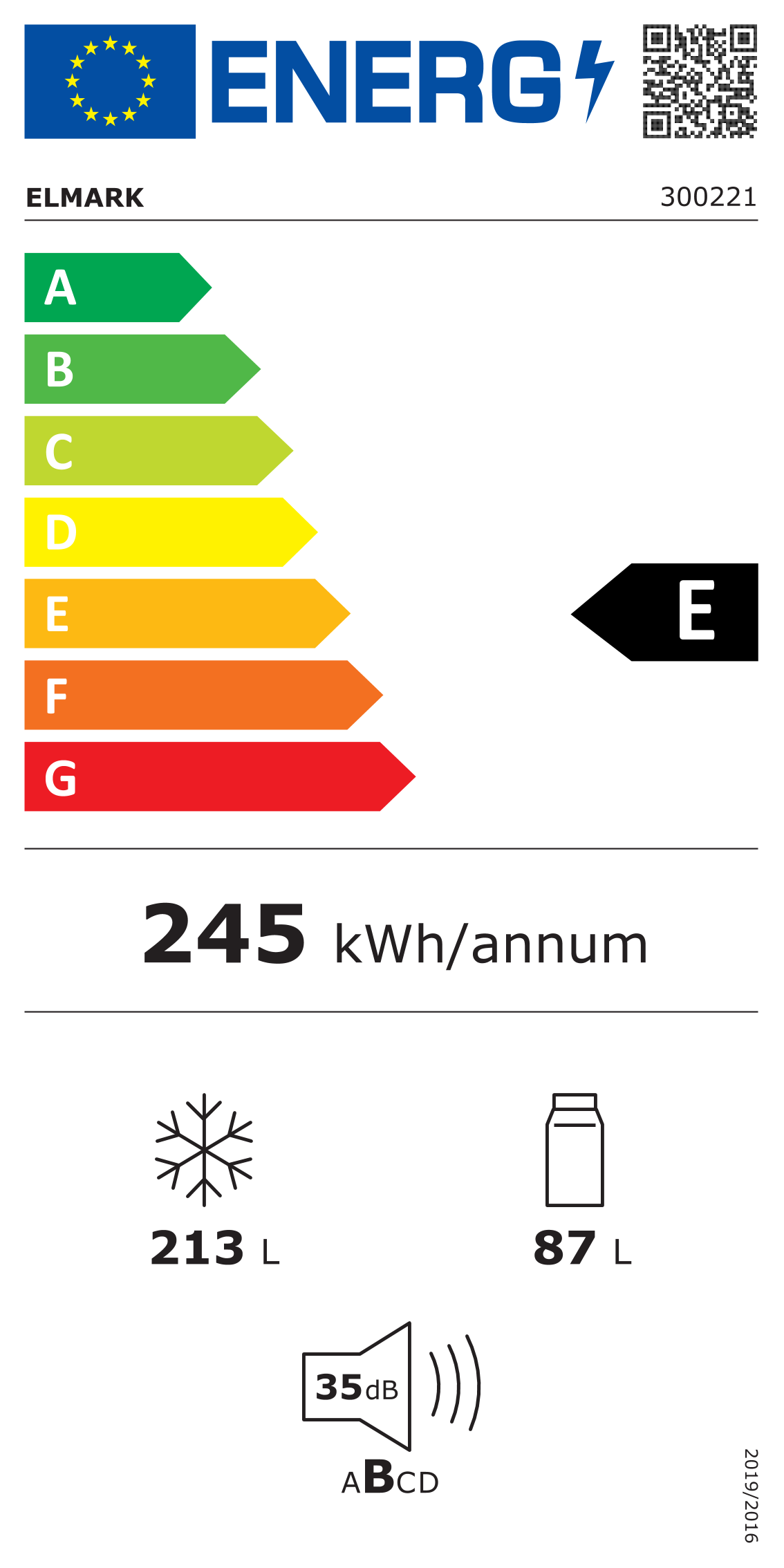 Etichetta energetica per frigorifero. Mostra la classe E, 245 kWh/anno e altre specifiche come volume e rumorosità.