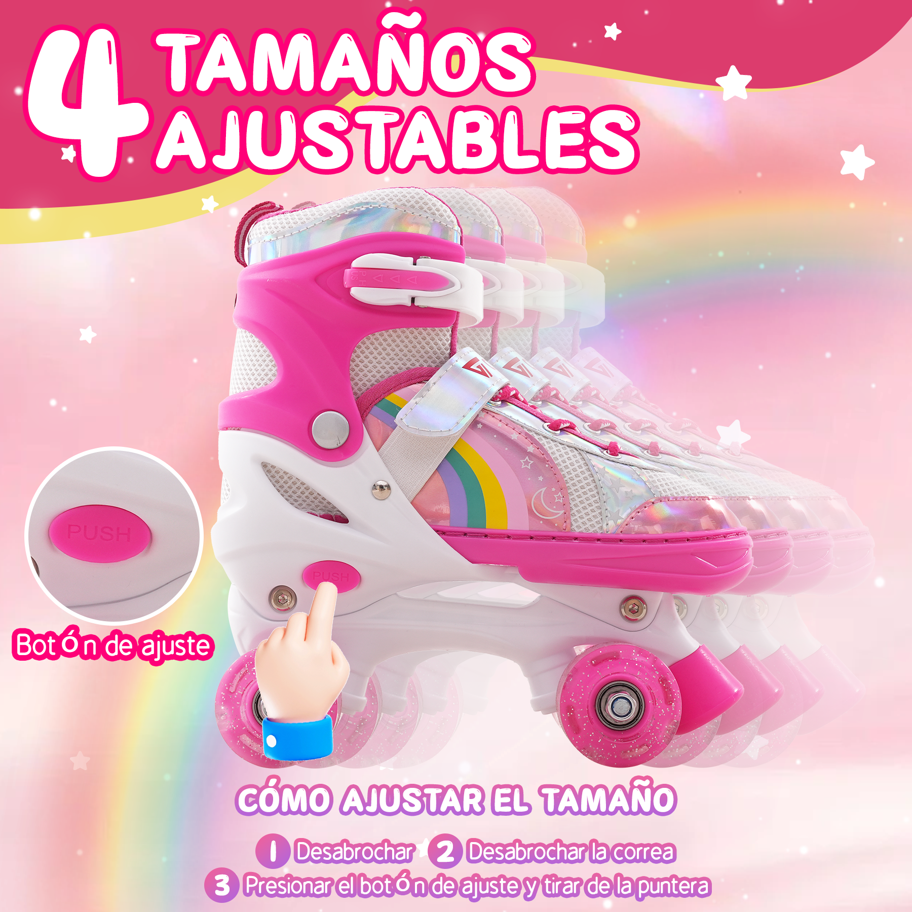 Patines rosas y blancos con diseño de arcoíris. Una mano presionando un botón. Texto: Tamaños ajustables y Cómo ajustar.